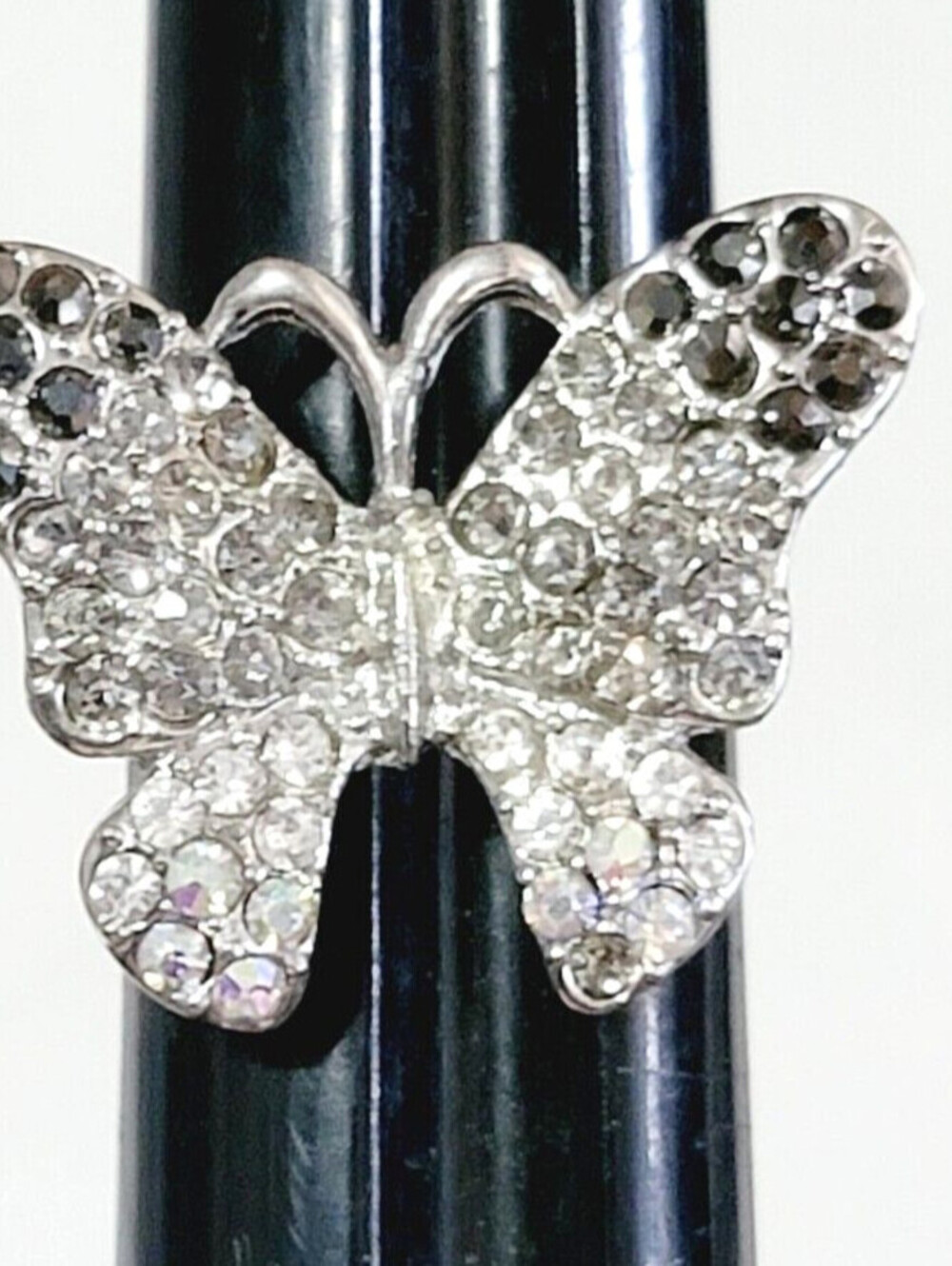 Large‎ Adjustable Butterfly Rhinestone Ring Silver-tone Glass Black Gray r-13